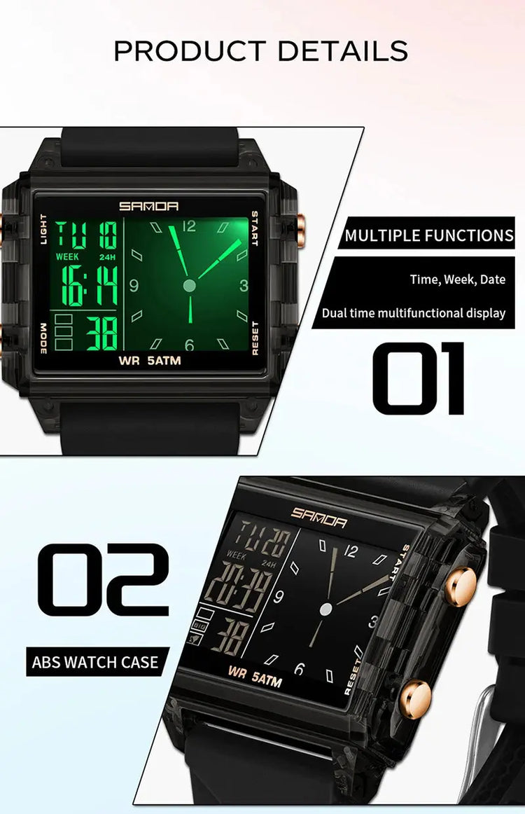 Square Dual Time Electronic Watch Waterproof - Inspirational Watches