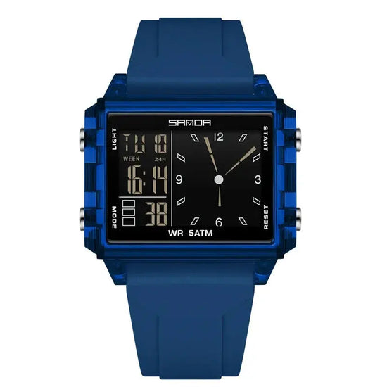 SANDA 6273 Wristwatch Square Dual Time Man Electron Analog Watch for Men Women Waterproof Count Down Timer Digital World Time Inspirational Watches
