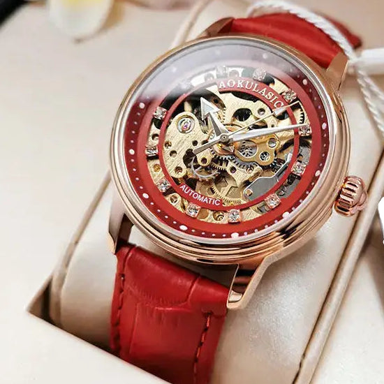 Augulas Genuine Hollow-Out Diamond-Encrusted Fully Automatic Mechanical Watch for Women, Fashionable and Simple, Luminous Waterproof Watch for Female Students, Trendy, the Best Gift for Her, No Battery Needed Inspirational Watches