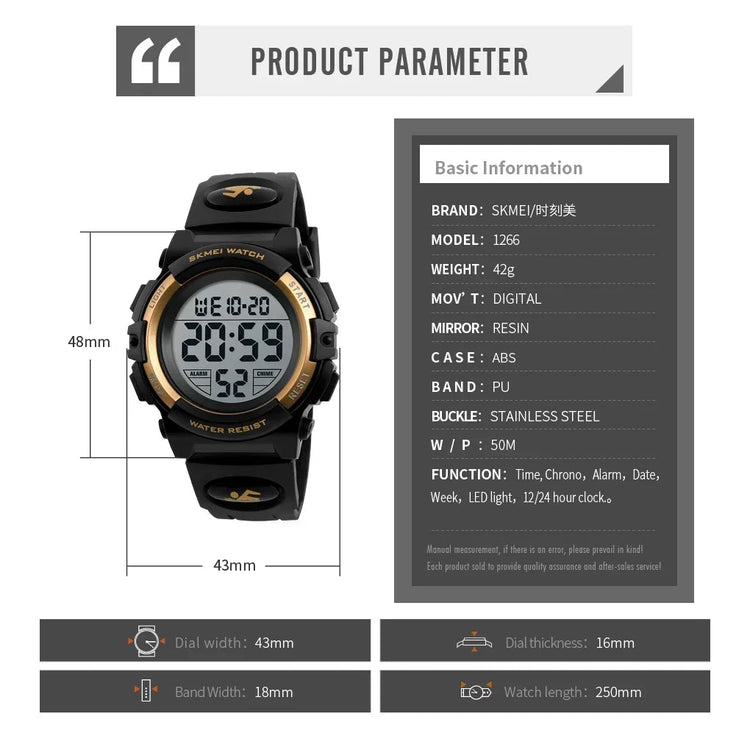 LED light Display Digital Alarm Clock 5Bar Waterproof Kids Sports Watch Inspirational Watches