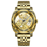 GLENAW Skeleton Mechanical Watch Men Vintage Engraved Auto Mechanical Wrist Watches Gold Stainless Steel Strap Erkek Kol Saati Inspirational Watches