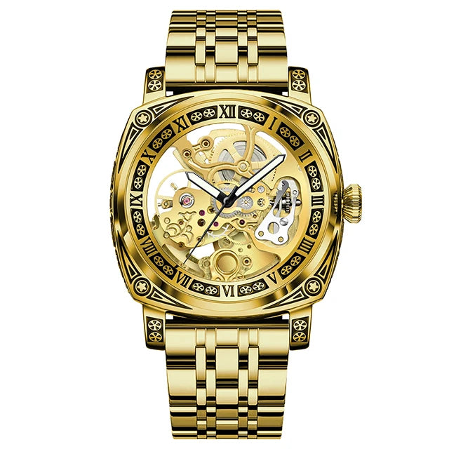 GLENAW Skeleton Mechanical Watch Men Vintage Engraved Auto Mechanical Wrist Watches Gold Stainless Steel Strap Erkek Kol Saati Inspirational Watches