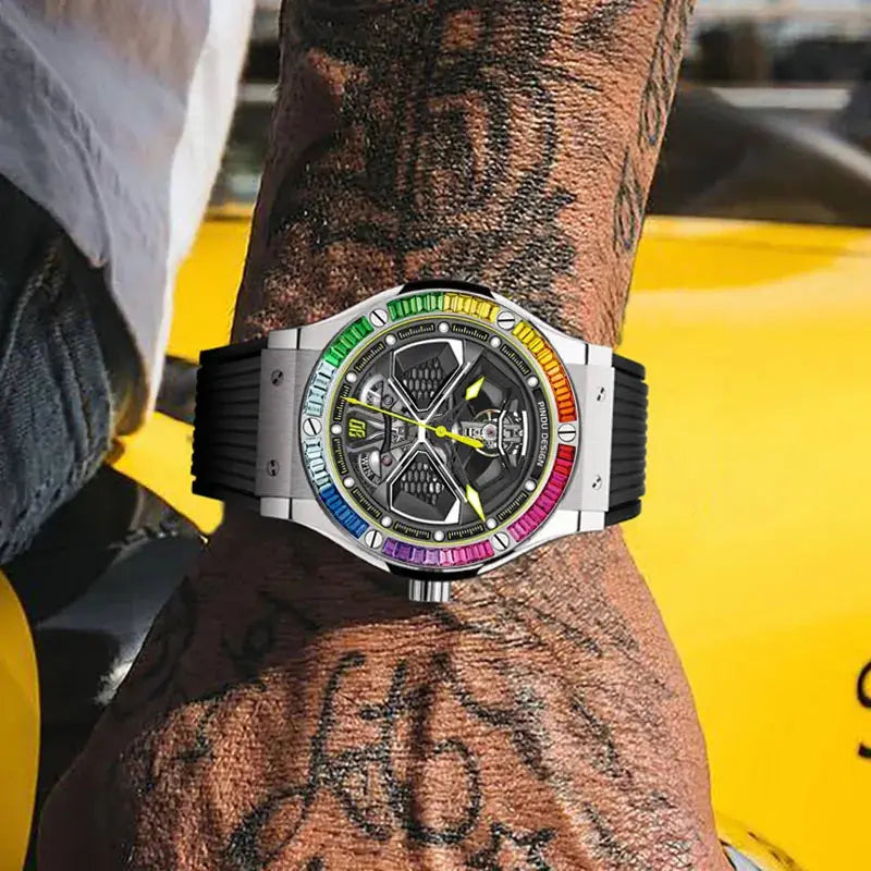 PINDU Watches High Quality Luxury Color Diamond Mechanical Watch For Men Waterproof Stainless Steel Silicone Strap Fashion Watch Inspirational Watches