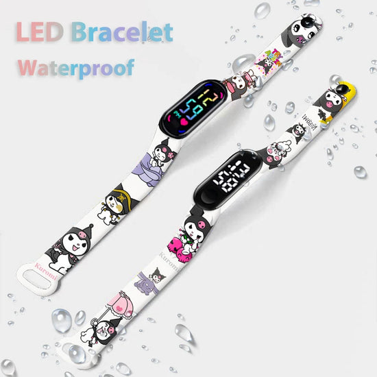 LED bracelet with cartoon designs and digital display on a white background