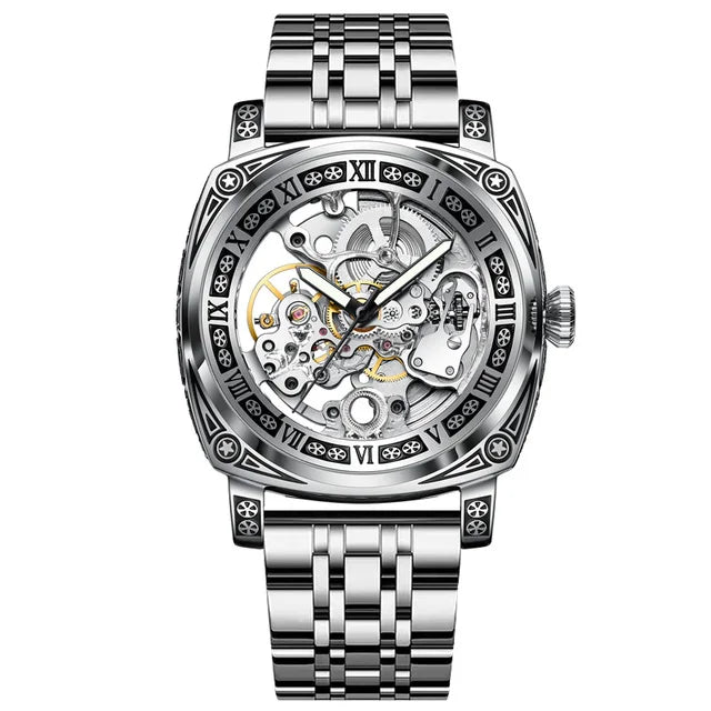 GLENAW Skeleton Mechanical Watch Men Vintage Engraved Auto Mechanical Wrist Watches Gold Stainless Steel Strap Erkek Kol Saati Inspirational Watches