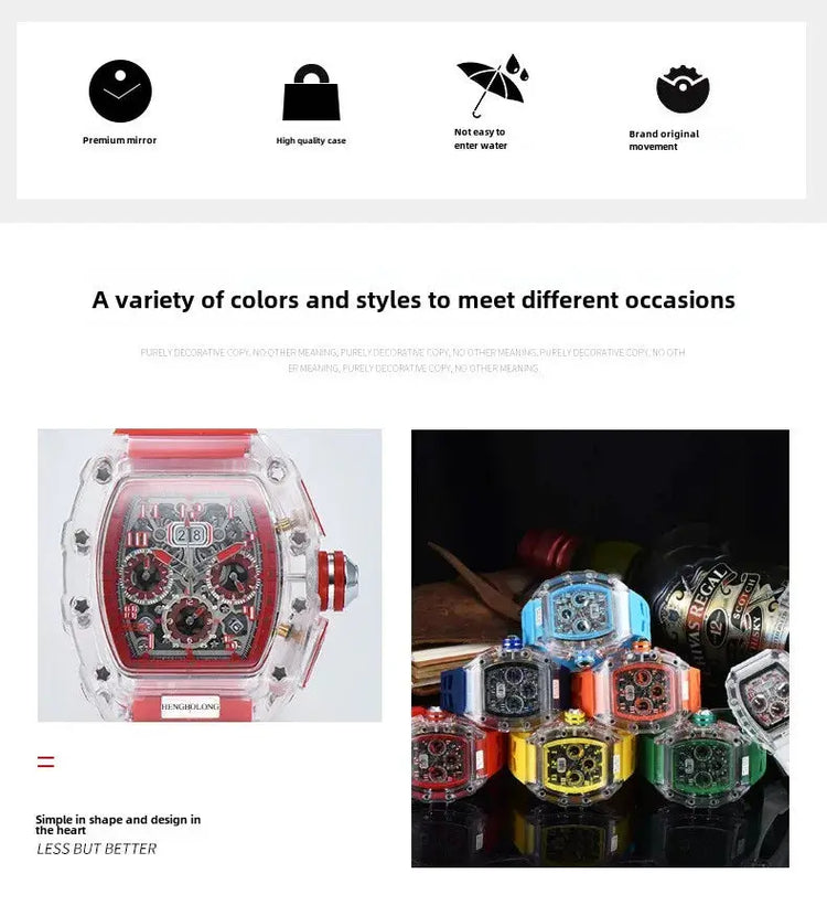 six-pin multi-functional running second engraving hollow quartz watch - Inspirational Watches