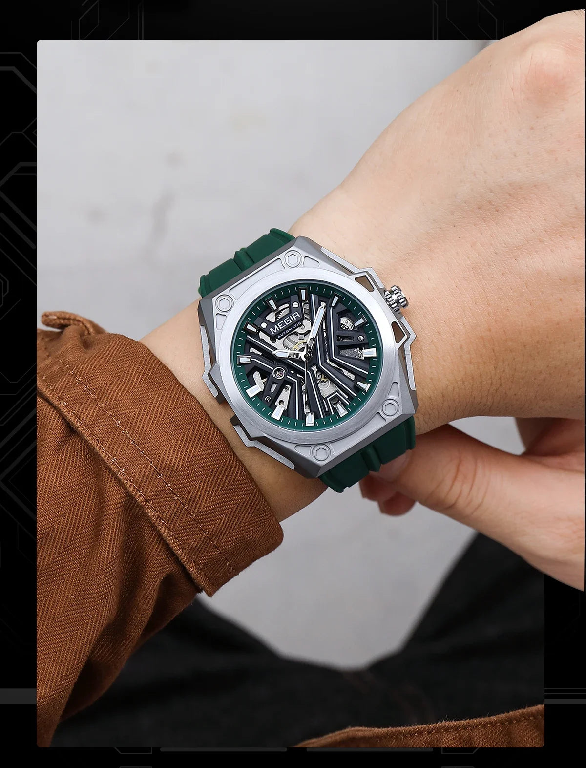 MEGIR Skeleton Dial Men Mechanical Watch Silicone Strap 316 Stainless Steel Case 50M Waterproof Automatic Wristwatches Men&
