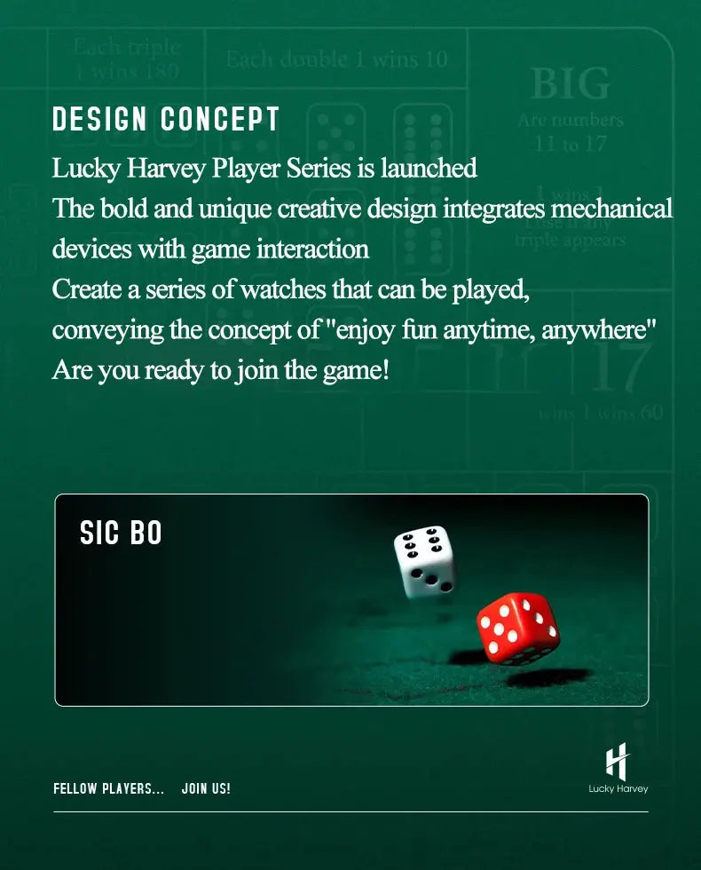 Lucky Harvey Sic Bo Dial Automatic Mechanical Watches for Men 2.5MM Micro-carving Dice Cambered Sapphire Funny Party Game Watch Inspirational Watches