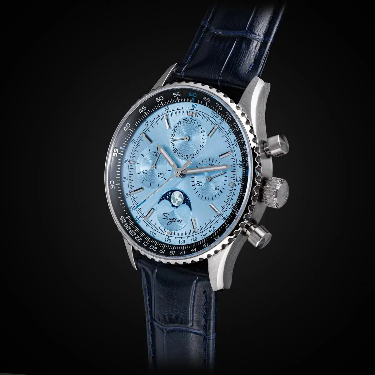 Sugess Watch Mens Moonphase Pilot Chronograph Mechanical Wristwatches Tianjin ST1908 Movement Swanneck Sapphire Crystal Luminous Inspirational Watches