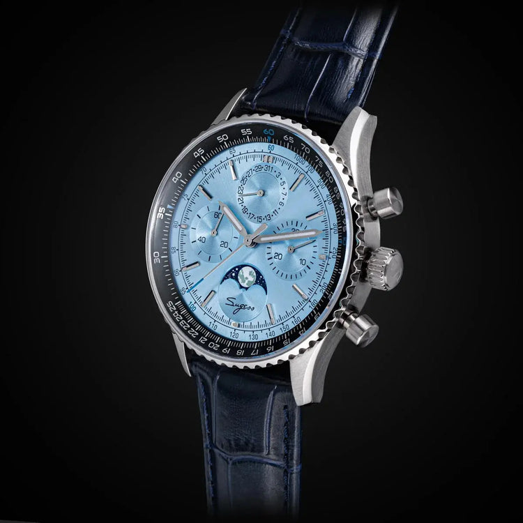 Sugess Watch Mens Moonphase Pilot Chronograph Mechanical Wristwatches Tianjin ST1908 Movement Swanneck Sapphire Crystal Luminous Inspirational Watches
