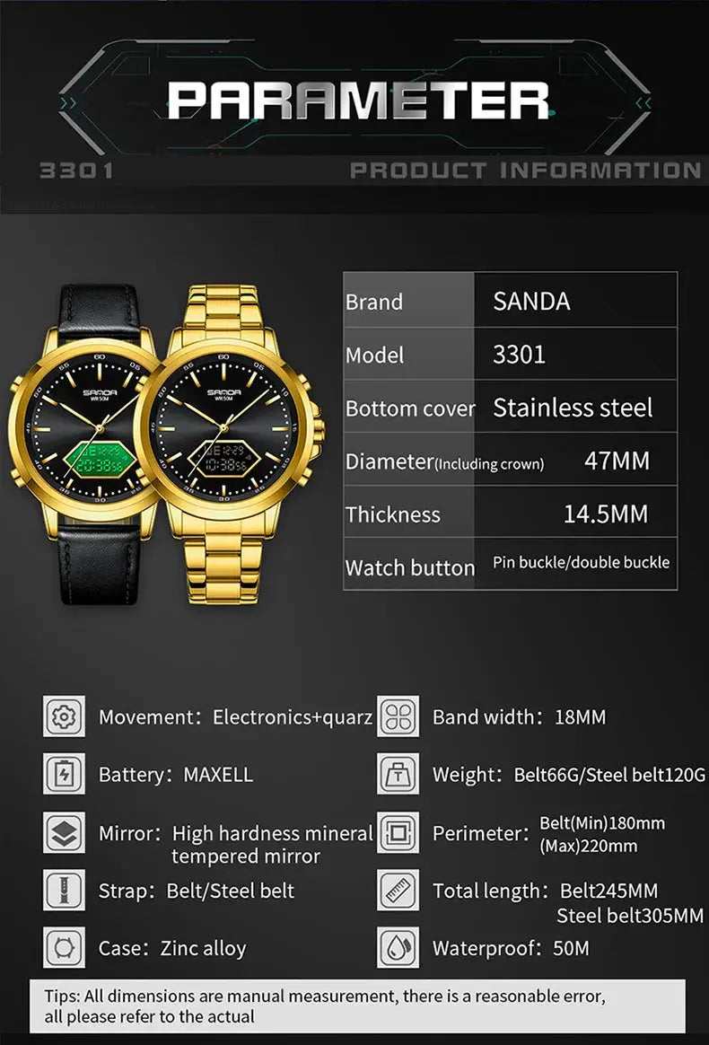 Dual Display Multi functional Night Light Waterproof Business Sports Watch Inspirational Watches