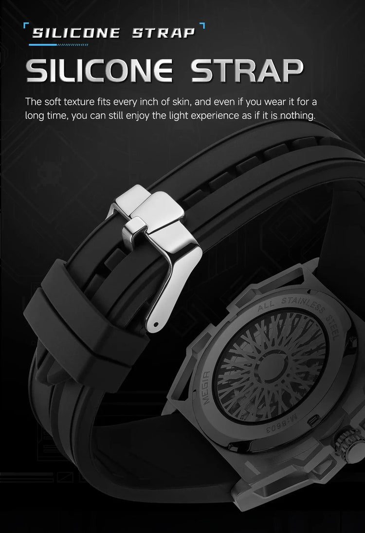 MEGIR Skeleton Dial Men Mechanical Watch Silicone Strap 316 Stainless Steel Case 50M Waterproof Automatic Wristwatches Men&