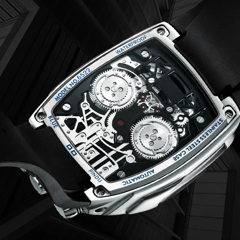 PINDU Men Automatic Watch 42mm Luxury Tonneau Mechanical Wristwatch Fashion Luminous 50M Waterproof Skeleton NH05 Inspirational Watches