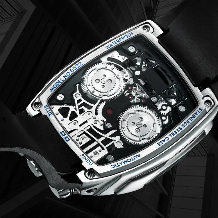 PINDU Men Automatic Watch 42mm Luxury Tonneau Mechanical Wristwatch Fashion Luminous 50M Waterproof Skeleton NH05 Inspirational Watches