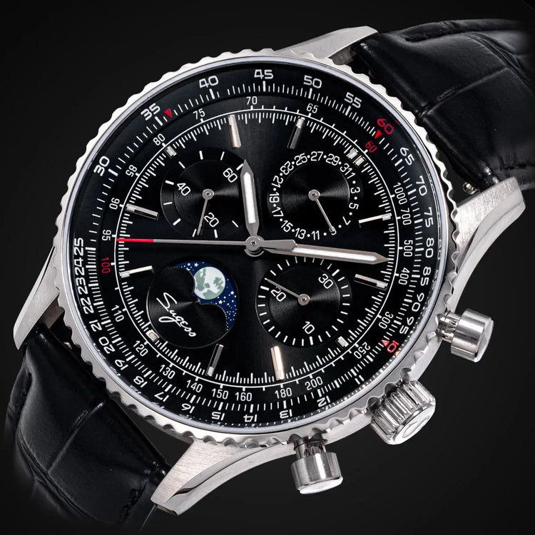 Sugess Watch Mens Moonphase Pilot Chronograph Mechanical Wristwatches Tianjin ST1908 Movement Swanneck Sapphire Crystal Luminous Inspirational Watches