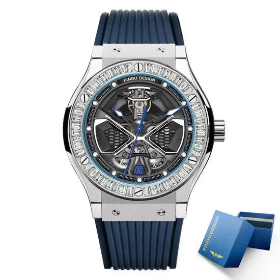 PINDU Watches High Quality Luxury Color Diamond Mechanical Watch For Men Waterproof Stainless Steel Silicone Strap Fashion Watch Inspirational Watches