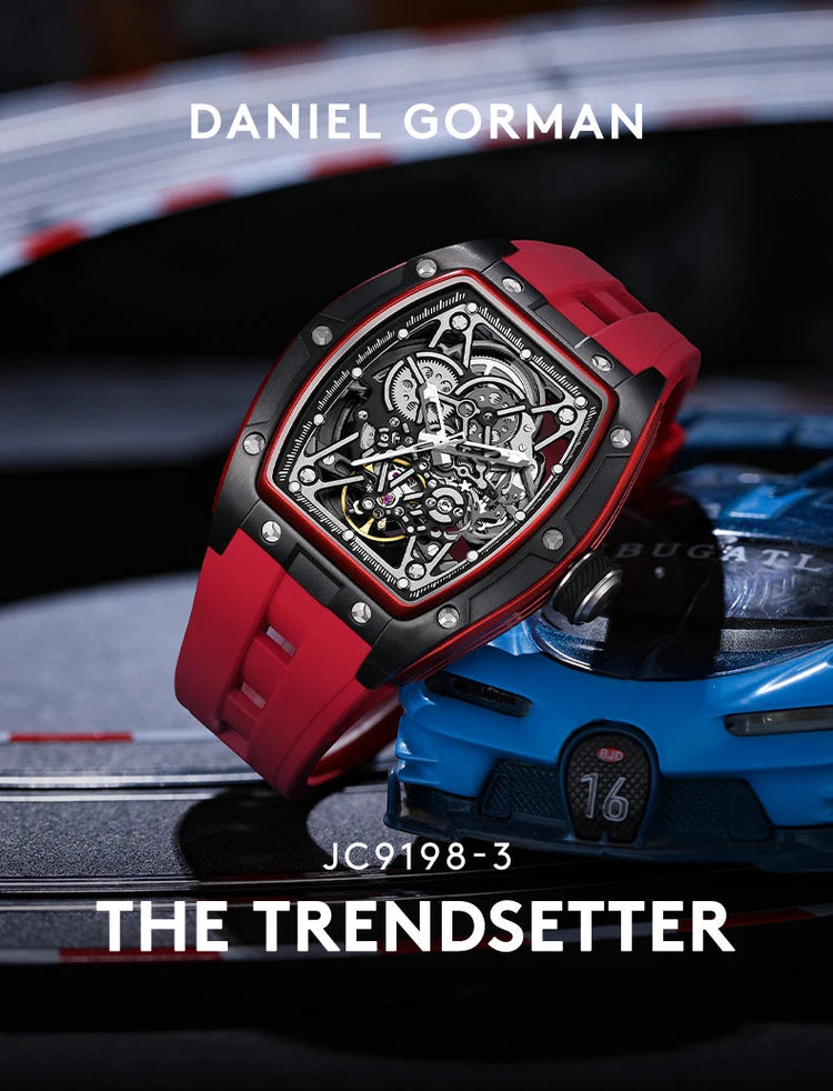 Mechanical Watch for Men Fashion Sport Analog Automatic Wristwatch Skeleton Stainless 50M Waterproof Watches with Tonneau Dial Inspirational Watches