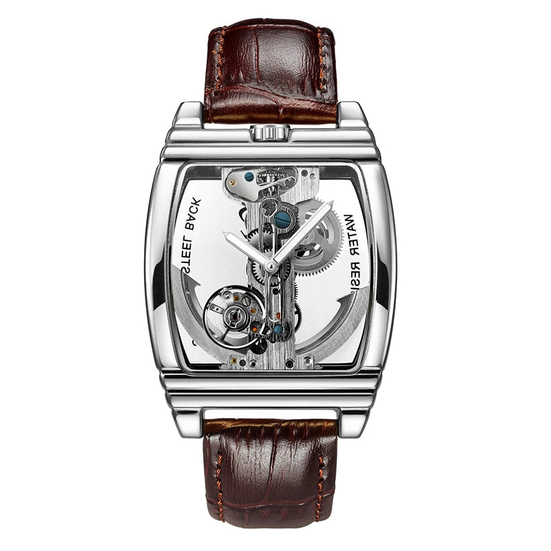 SHENHUA Mens Watches Top Brand Luxury Automatic Mechanical Transparent Skeleton Bridge Watch Leather Belt Wristwatch Male Clock Inspirational Watches
