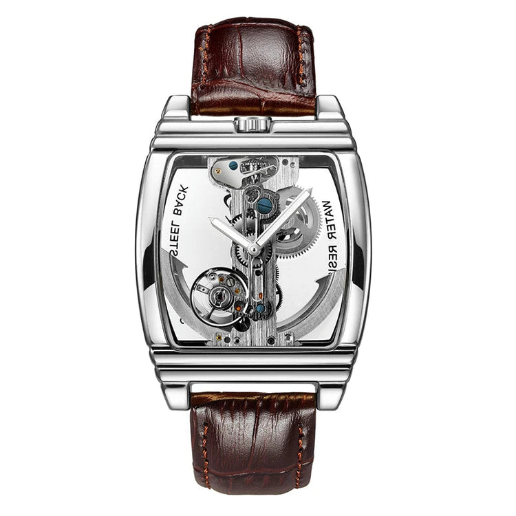 SHENHUA Mens Watches Top Brand Luxury Automatic Mechanical Transparent Skeleton Bridge Watch Leather Belt Wristwatch Male Clock Inspirational Watches