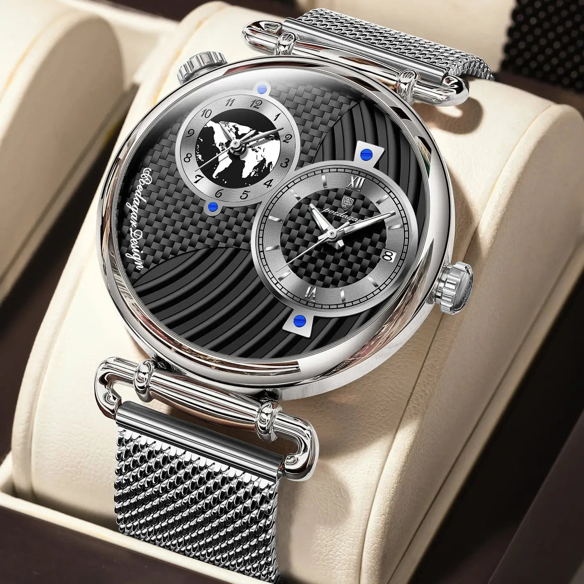 POEDAGAR Fashion Man Clock Dual Time Zone Display Waterproof Date Men Watch Sports Mesh Stainless Steel Men&