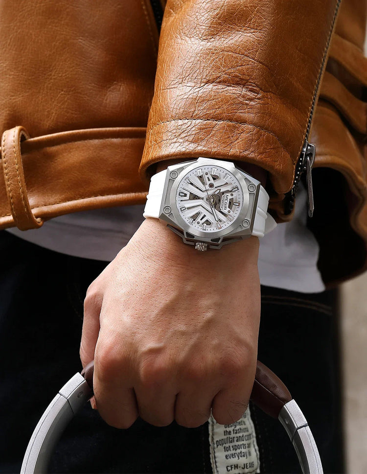 MEGIR Skeleton Dial Men Mechanical Watch Silicone Strap 316 Stainless Steel Case 50M Waterproof Automatic Wristwatches Men&