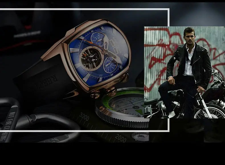 Reef Tiger 316L Stainless Steel Wine Barrel Automatic Watch Fashion Mulitfunction Tourbillon Mechanical Watches for Men RGA3069 Inspirational Watches