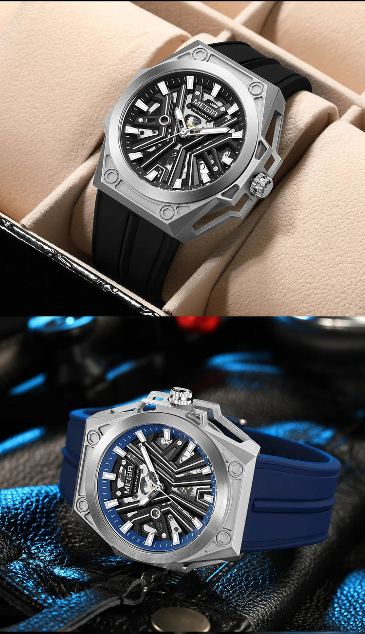 MEGIR Skeleton Dial Men Mechanical Watch Silicone Strap 316 Stainless Steel Case 50M Waterproof Automatic Wristwatches Men&