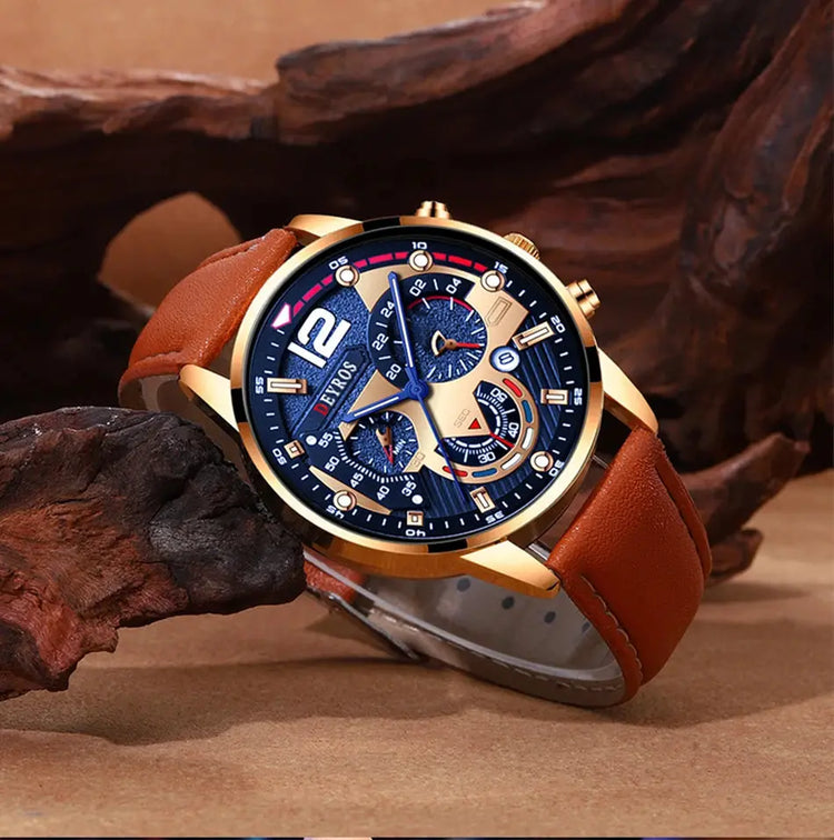 2PCS Set Fashion Calendar Watches Male Business Casual Brown Leather - Inspirational Watches