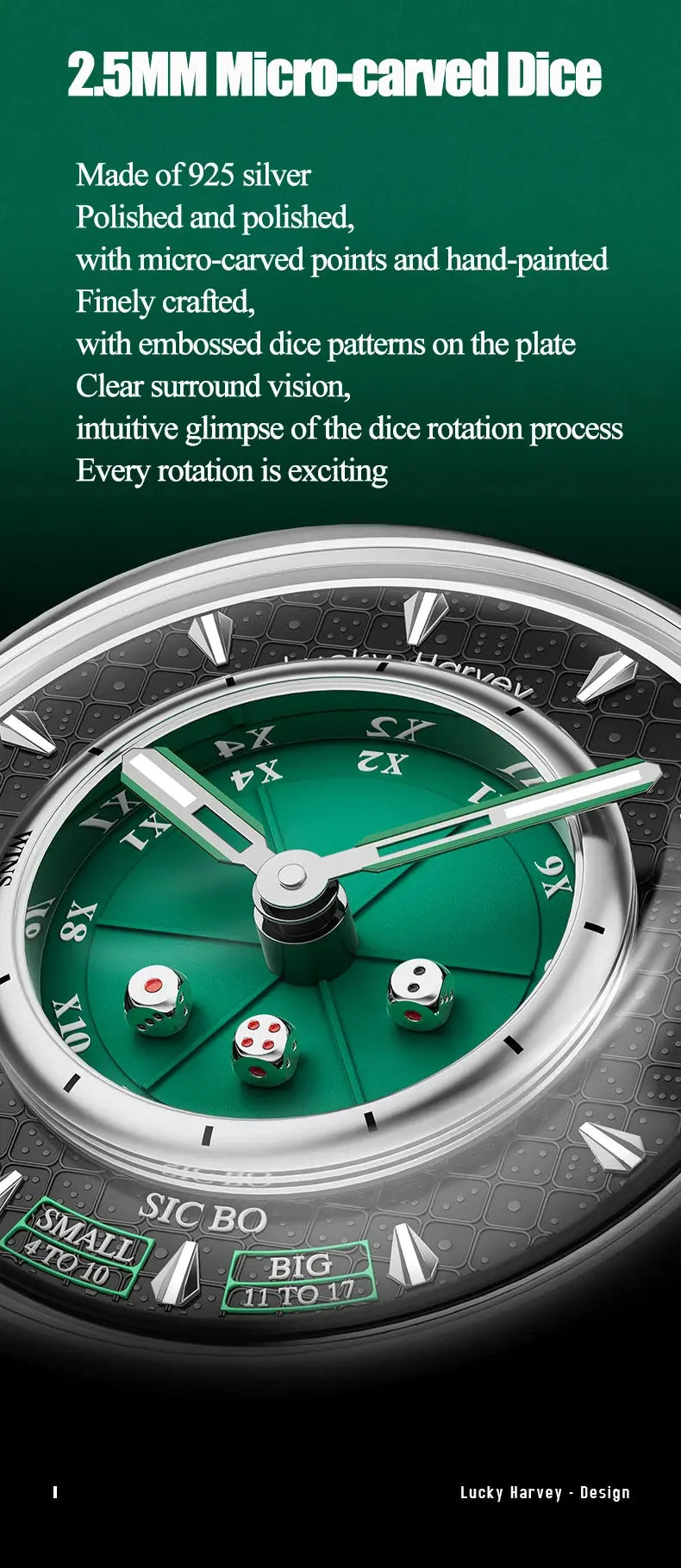 Lucky Harvey Sic Bo Dial Automatic Mechanical Watches for Men 2.5MM Micro-carving Dice Cambered Sapphire Funny Party Game Watch Inspirational Watches