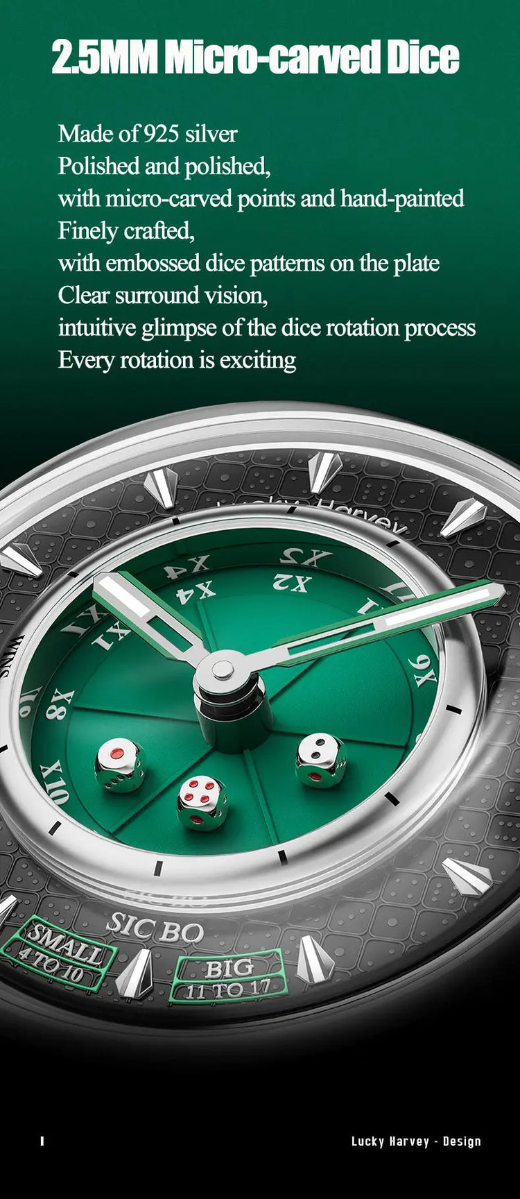 Lucky Harvey Sic Bo Dial Automatic Mechanical Watches for Men 2.5MM Micro-carving Dice Cambered Sapphire Funny Party Game Watch Inspirational Watches