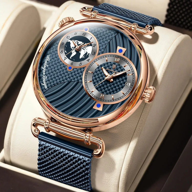 POEDAGAR Fashion Man Clock Dual Time Zone Display Waterproof Date Men Watch Sports Mesh Stainless Steel Men&