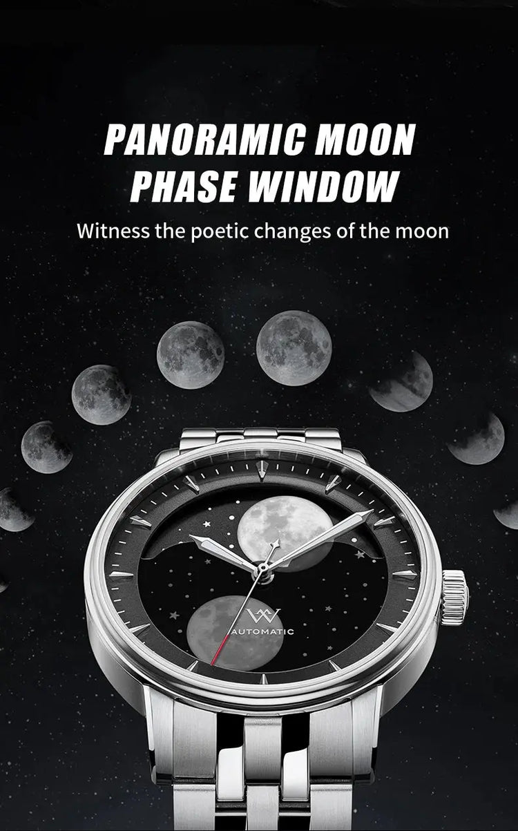Lunar Moon Phase Automatic Mechanical Sapphire Waterproof Twin Moons Inspirational Watches