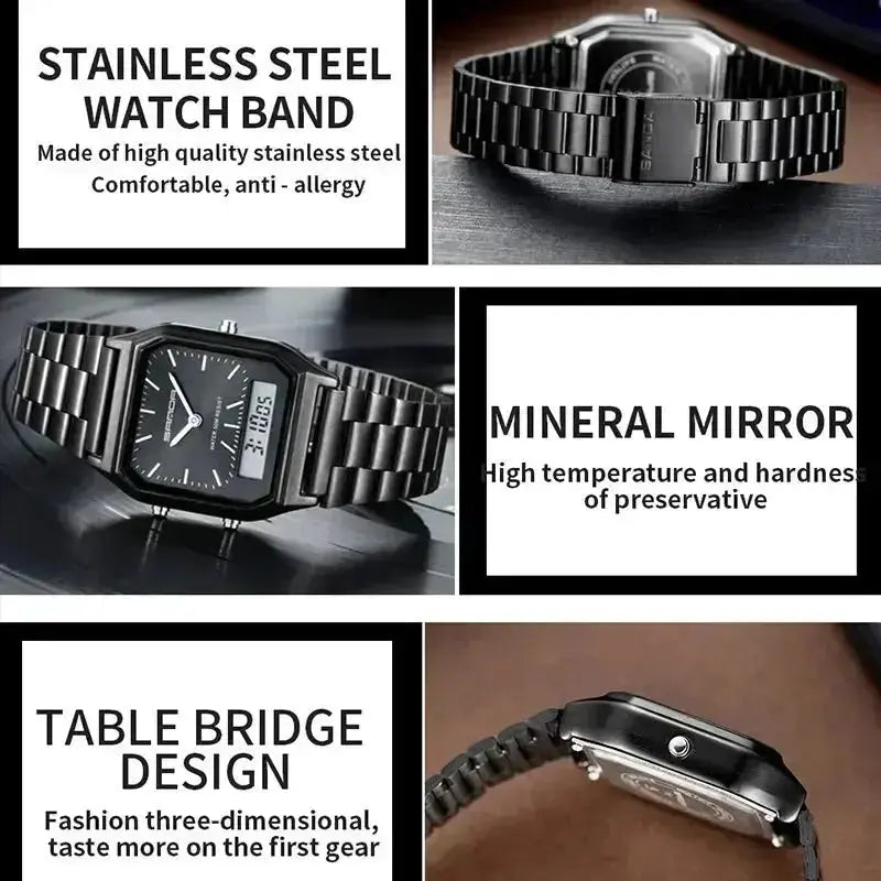 Stainless Steel LED Digital Dual Display Clock Unisex Waterproof Sports Quartz Inspirational Watches