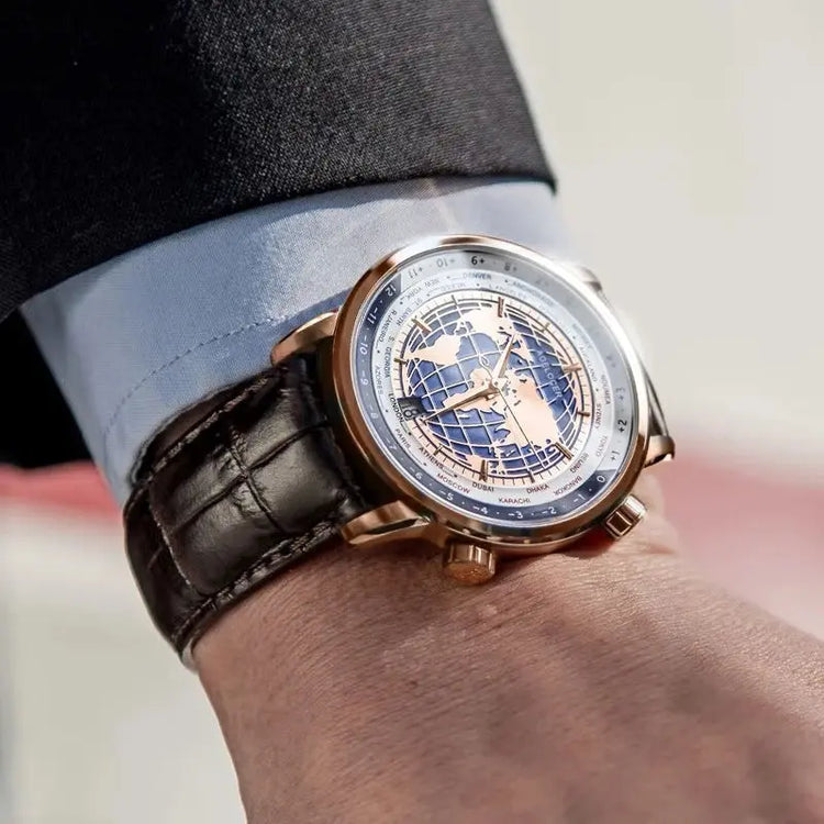 World Time Automatic Mechanical Calendar Stainless Steel Inspirational Watches