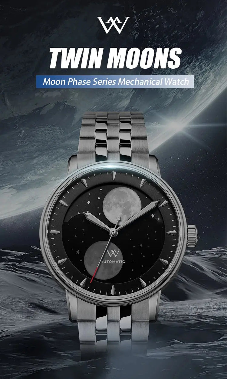 Lunar Moon Phase Automatic Mechanical Sapphire Waterproof Twin Moons Inspirational Watches