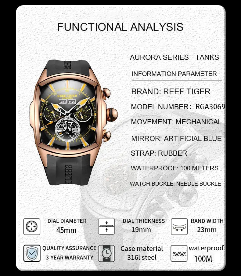Reef Tiger 316L Stainless Steel Wine Barrel Automatic Watch Fashion Mulitfunction Tourbillon Mechanical Watches for Men RGA3069 Inspirational Watches