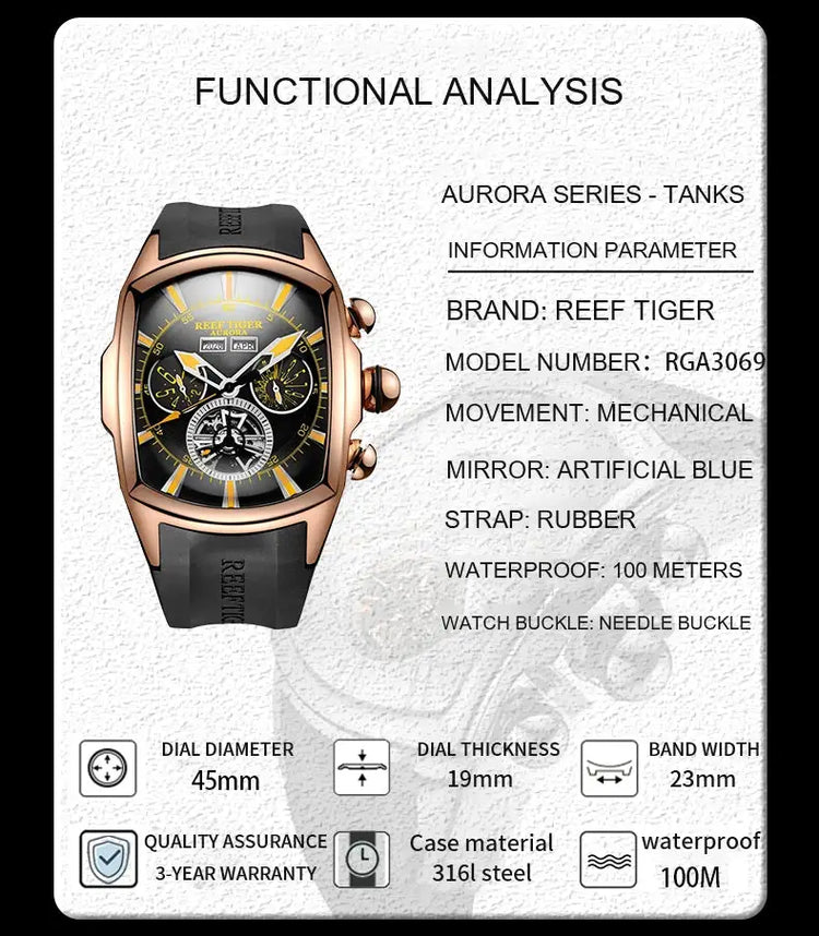 Reef Tiger 316L Stainless Steel Wine Barrel Automatic Watch Fashion Mulitfunction Tourbillon Mechanical Watches for Men RGA3069 Inspirational Watches