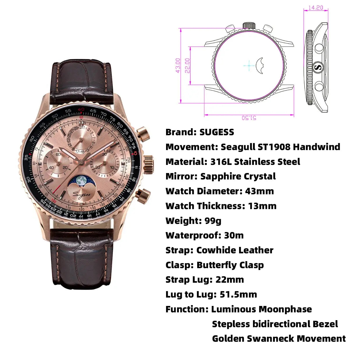 Moon phase Pilot Chronograph Mechanical Tianjin ST1908 Movement Inspirational Watches