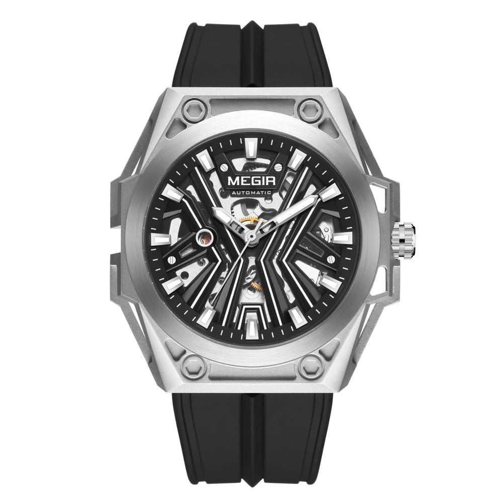 MEGIR Skeleton Dial Men Mechanical Watch Silicone Strap 316 Stainless Steel Case 50M Waterproof Automatic Wristwatches Men&