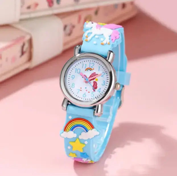 Unicorn kids quartz watch with 3D rainbow strap, close-up