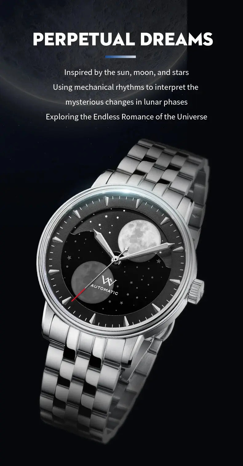 Lunar Moon Phase Automatic Mechanical Sapphire Waterproof Twin Moons Inspirational Watches