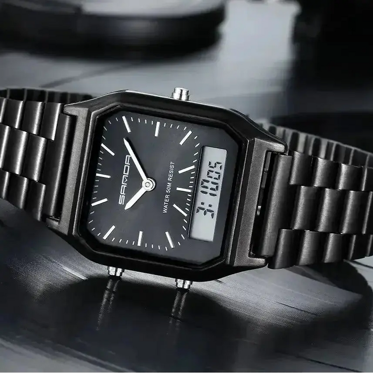 Stainless Steel LED Digital Dual Display Clock Unisex Waterproof Sports Quartz Inspirational Watches