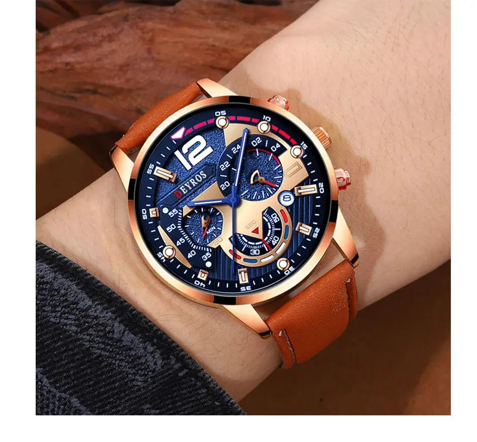 2PCS Set Fashion Calendar Watches Male Business Casual Brown Leather - Inspirational Watches