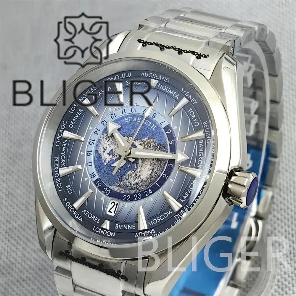 Time Earth Map Mechanical Sapphire Crystal Waterproof Luminous Inspirational Watches