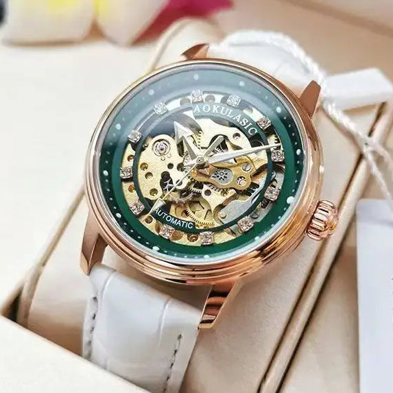 Augulas Genuine Hollow-Out Diamond-Encrusted Fully Automatic Mechanical Watch for Women, Fashionable and Simple, Luminous Waterproof Watch for Female Students, Trendy, the Best Gift for Her, No Battery Needed Inspirational Watches