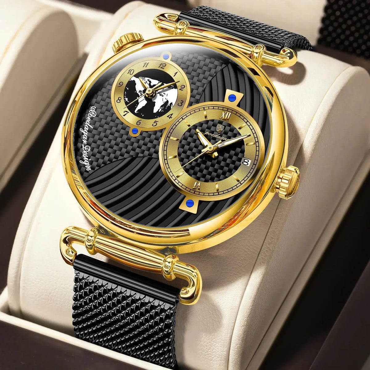POEDAGAR Fashion Man Clock Dual Time Zone Display Waterproof Date Men Watch Sports Mesh Stainless Steel Men&