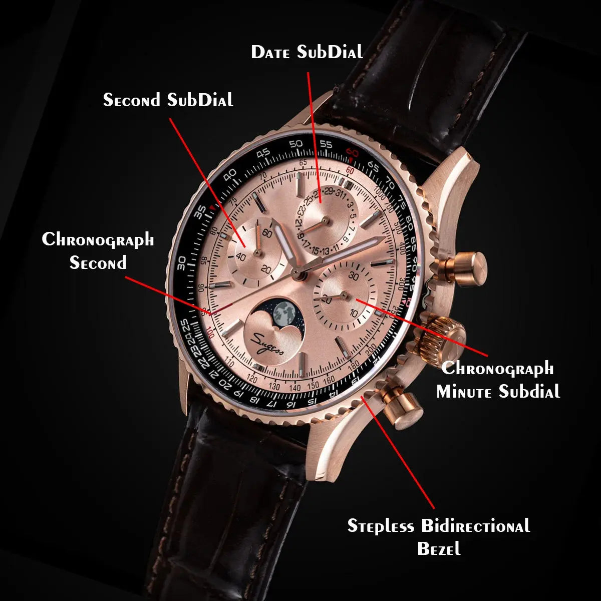 Moon phase Pilot Chronograph Mechanical Tianjin ST1908 Movement Inspirational Watches