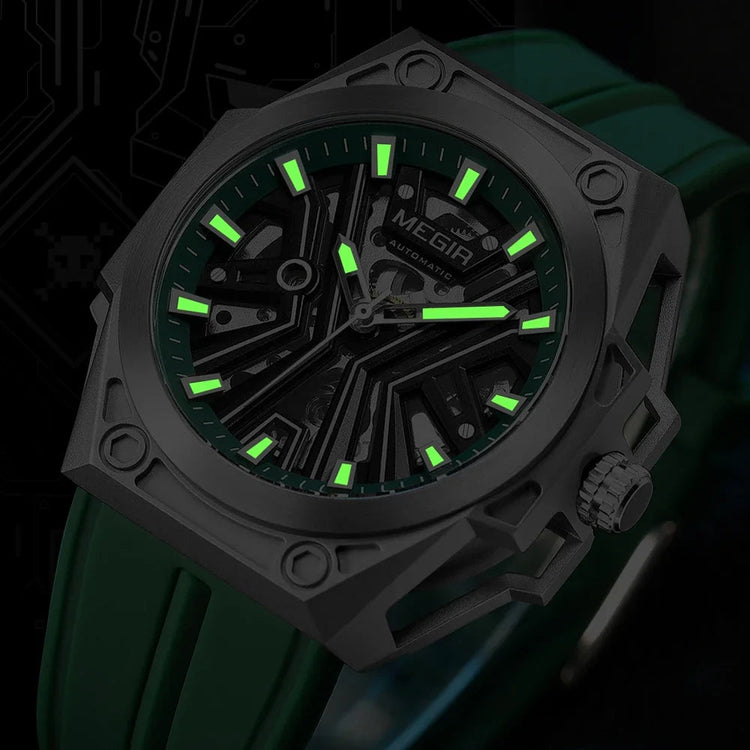 MEGIR Skeleton Dial Men Mechanical Watch Silicone Strap 316 Stainless Steel Case 50M Waterproof Automatic Wristwatches Men&