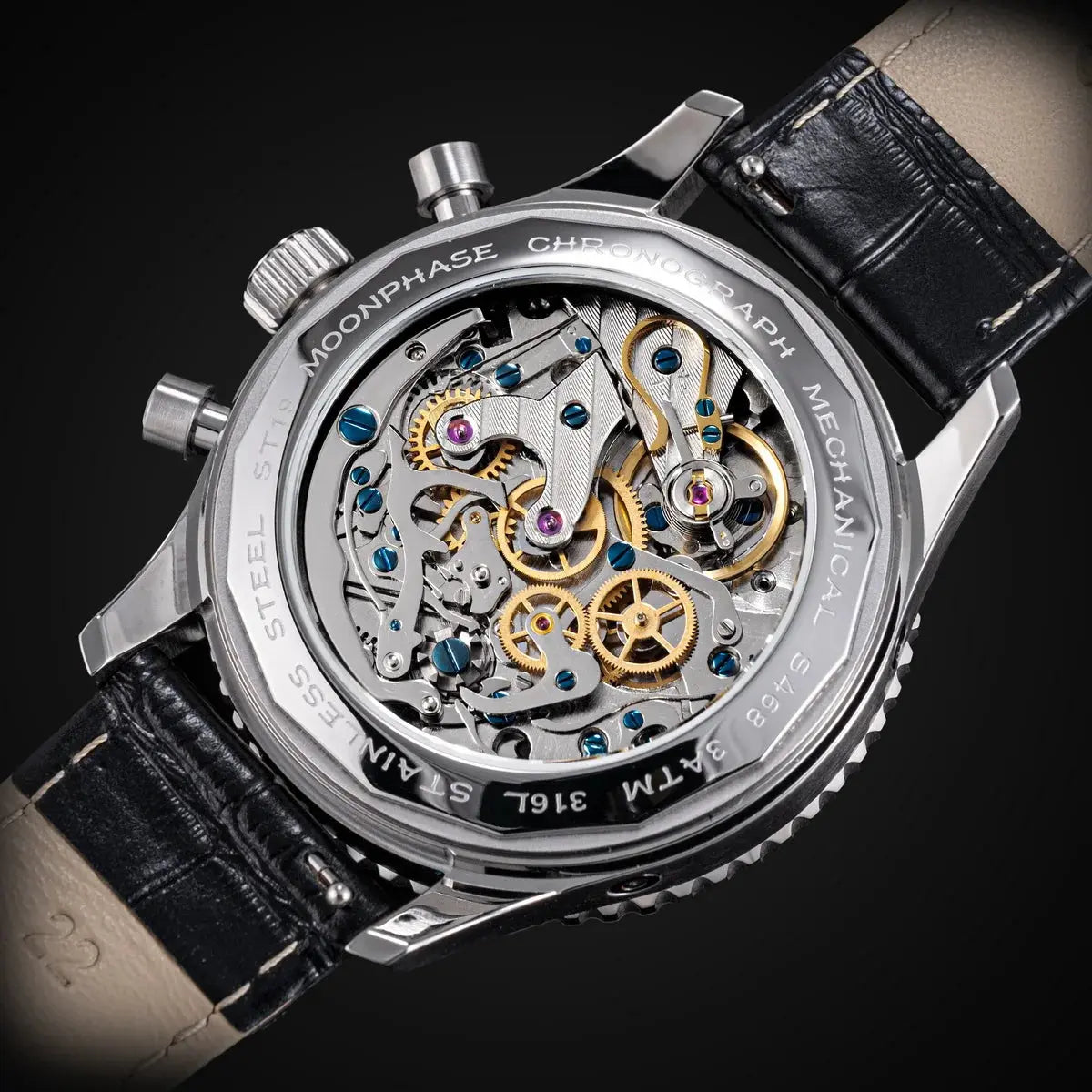 Sugess Watch Mens Moonphase Pilot Chronograph Mechanical Wristwatches Tianjin ST1908 Movement Swanneck Sapphire Crystal Luminous Inspirational Watches