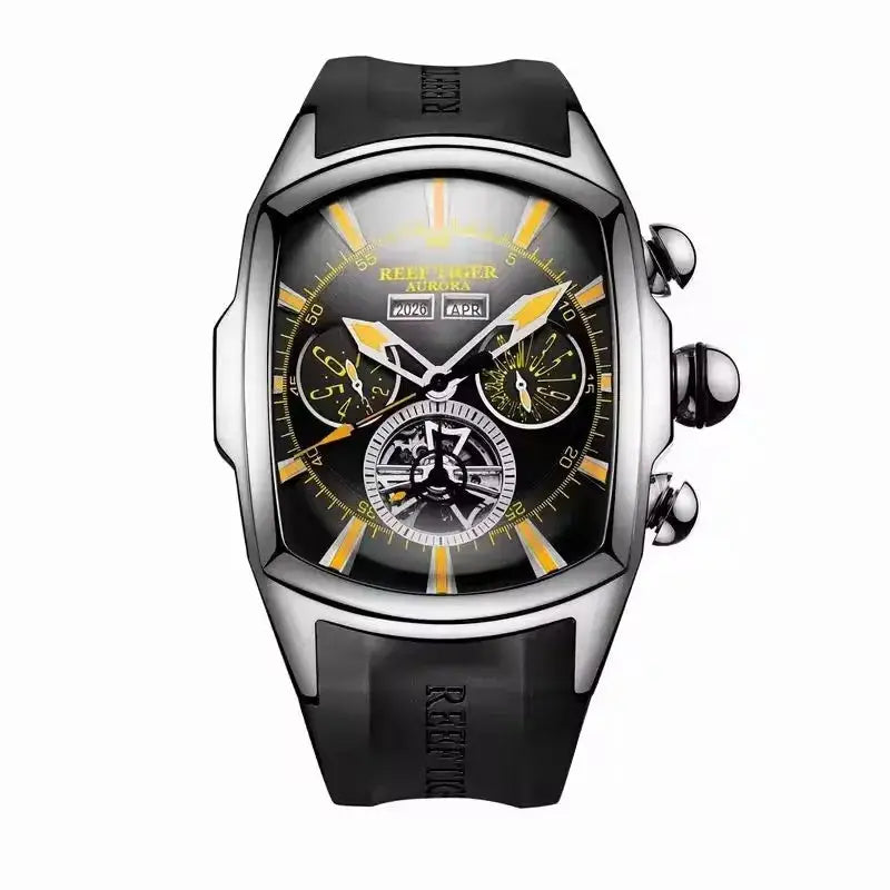 Reef Tiger 316L Stainless Steel Wine Barrel Automatic Watch Fashion Mulitfunction Tourbillon Mechanical Watches for Men RGA3069 Inspirational Watches